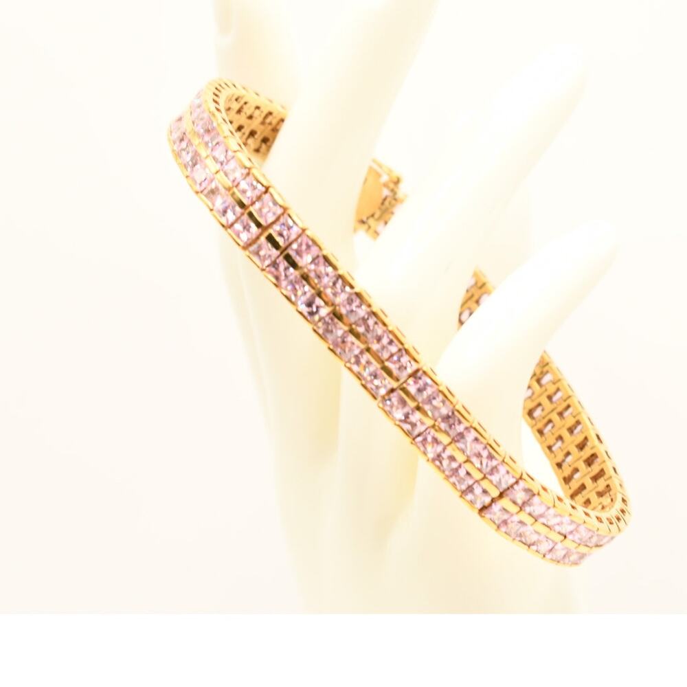 Vintage Pink Rhinestone Bracelet 8.5" Two Row Gold Tone Double Safety Clasp